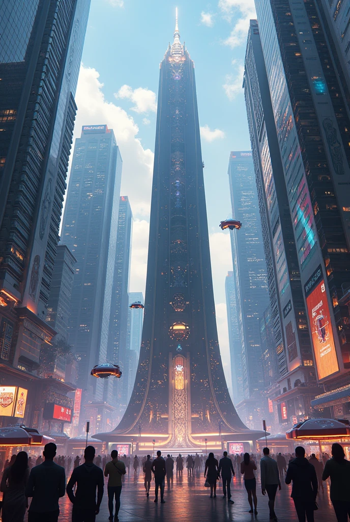 Create an illustration of a bustling modern futuristic city with a monument of President López Obrador in the center. big tall buildings in the cyber future