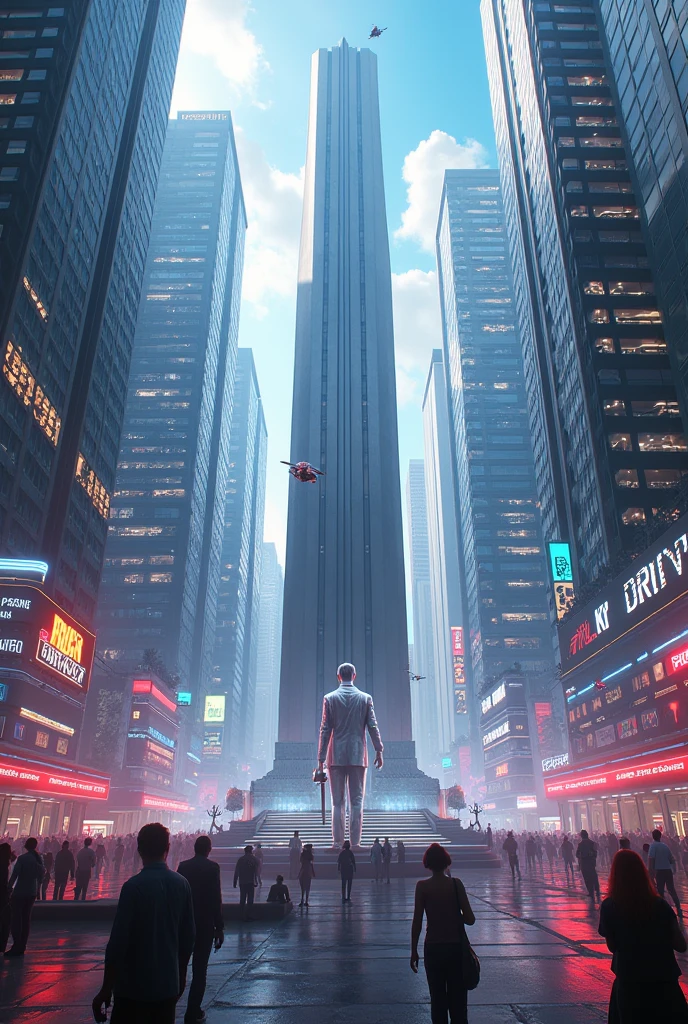 Create an illustration of a bustling modern futuristic city with a monument of President López Obrador in the center. big tall buildings in the cyber future