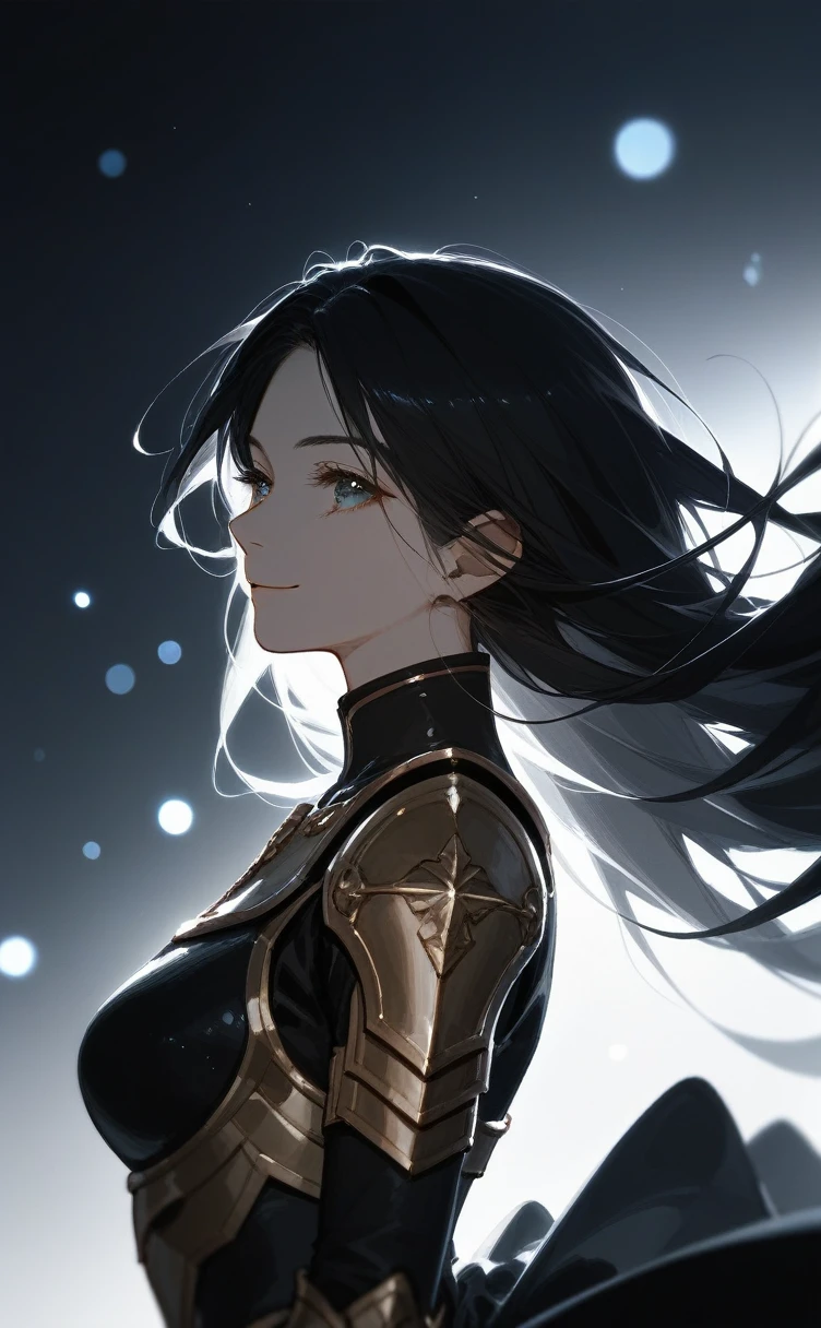 score_9,score_8_up,score_7_up,source_anime,year 2023,1girl,solo,gold and black theme,strong picture,dark,upper body,warm smile,floating hair,black dress,armor,{{{delicate and beautiful eye}}},underlighting,bokeh,blurry background,strong visual impact,film lighting,from side,