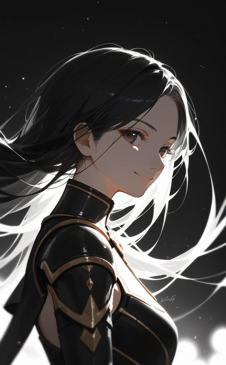 score_9,score_8_up,score_7_up,source_anime,year 2023,1girl,solo,gold and black theme,strong picture,dark,upper body,warm smile,floating hair,black dress,armor,{{{delicate and beautiful eye}}},underlighting,bokeh,blurry background,strong visual impact,film lighting,from side,