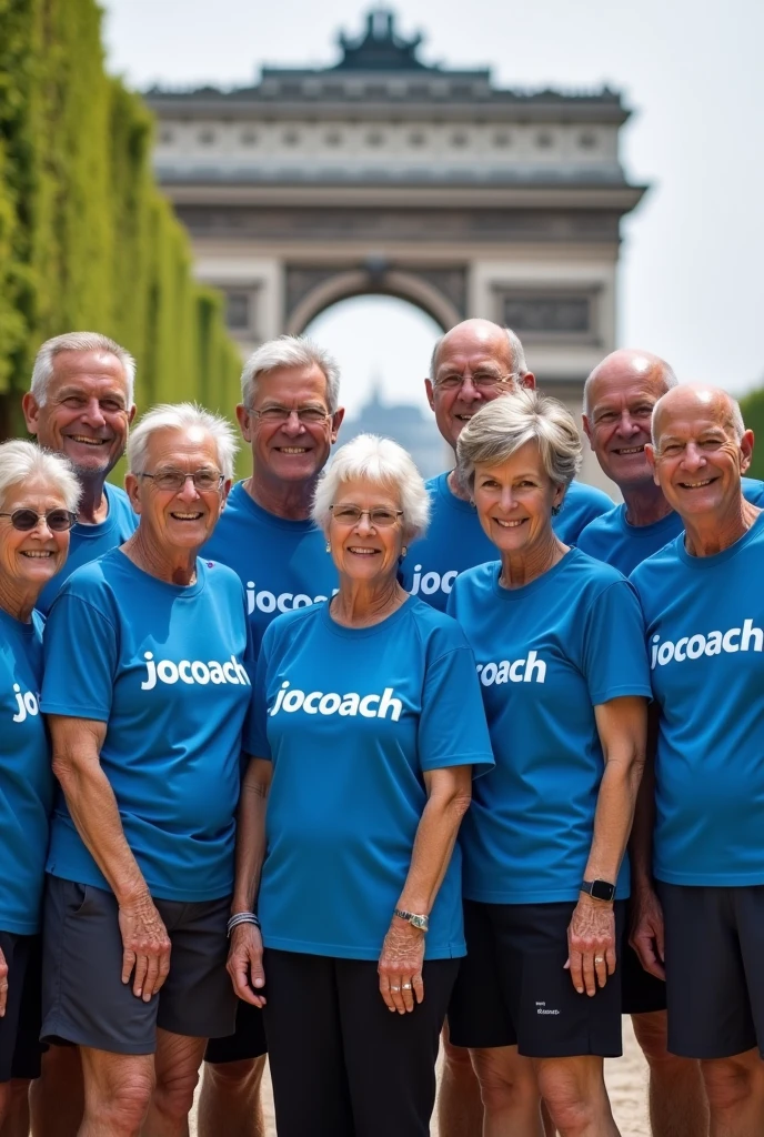 Réalises moi une photo de sportif seniors de groupe avec 10 personnes hommes et femmes, de face avec un teeshirt où il est écrit dessus jocoach ils sont en tenue de sportif. Cette photo est en extérieur aux invalides retire le signe au dessus de jocaoch mais garde la même photo de départ 