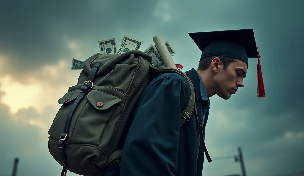"Crushing Debt Weighting on Graduate"
A student in a cap and gown is hunched over, carrying an enormous, heavy backpack full of debt, student loan bills, and a diploma. The background shows dark clouds, but there’s a small glimpse of light ahead. Write aText overlay on the image : "Escape the Education Trap!"