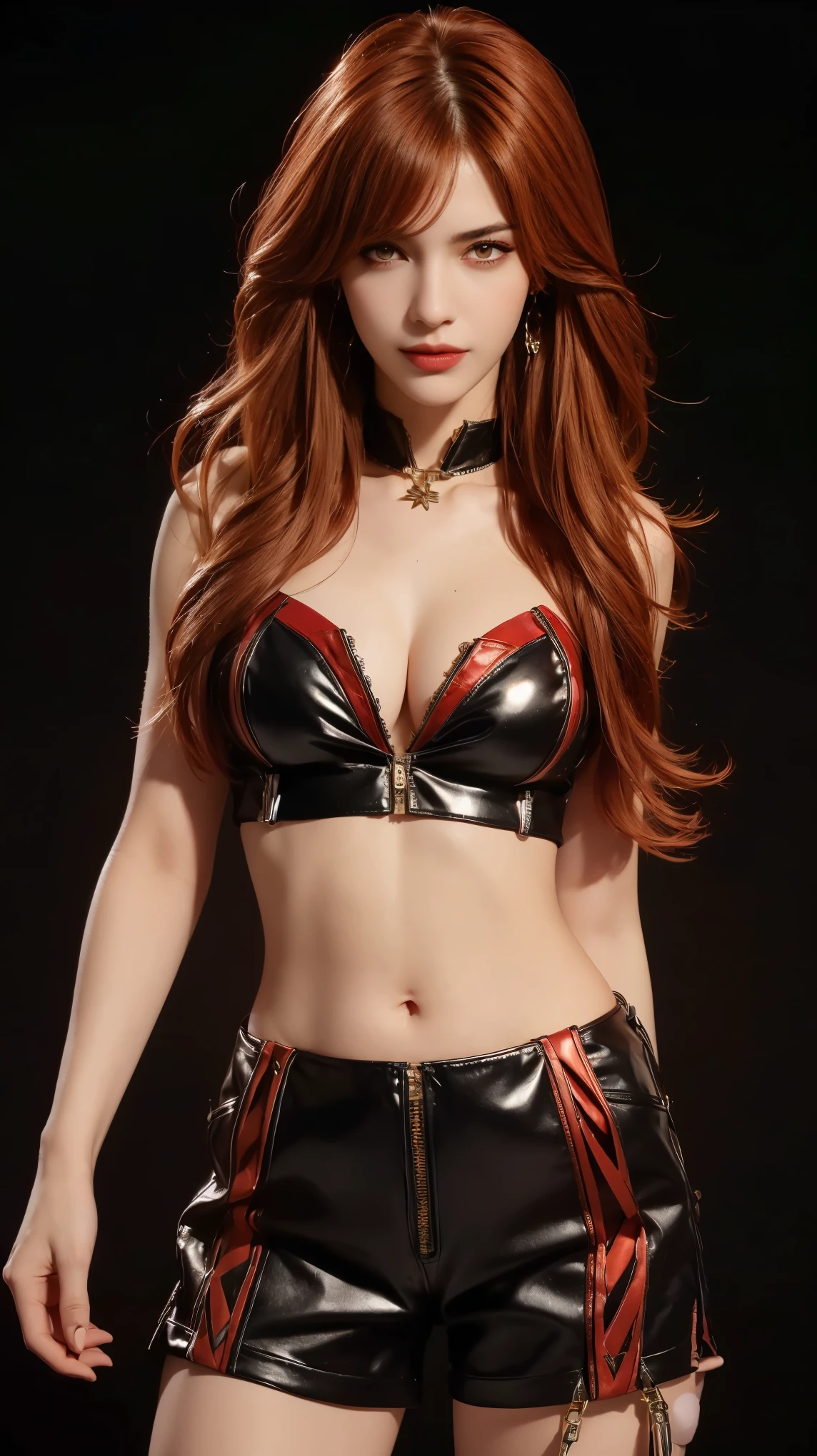 8K, Top Quality, Intricate Details, Ultra Detail, Ultra High Resolution, Masterpiece, close up shot, Slender,, ((Full body )), (Makeup: 0.4), (), , looking at viewer, ((full body)), 1girl, solo, 1 girl, (( )), , , ((tall)), (((fit body))), (((slim face))), sharp face , smile, ((red eyes , red hair, bangs, long hair, messy hair )) , (detailed face), sharp face, small lips, standing, feminine pose, , show belly ,, , ((,crop top, skin tight short, mini short)), , ((detail belly )), detail fingers, detail hands, detailed face, detailed breast, huge breast, Narrow Waist, Skinny, 175 cm tall , Muscular, Navel, Exposed Abdomen, Exposed navel, Exposed belly , large breast, , , Beautiful girl with accentuated slender abs: 1.4, Six Pack Abs: 1.4, Bust Botox,, Perfect Body, (( dark background)), black background,
