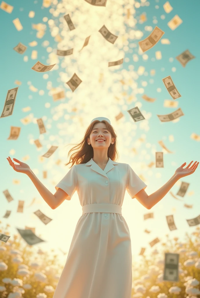 A beautiful Japanese nurse smiles happily, looks up, and spreads her arms, waiting to receive money, which is falling from the sky in large amounts.