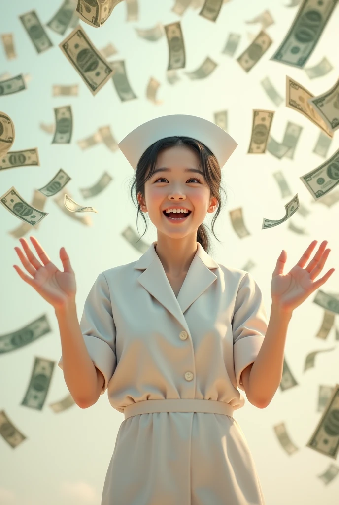 A beautiful Japanese nurse smiles happily, looks up, and spreads her arms, waiting to receive money, which is falling from the sky in large amounts.
