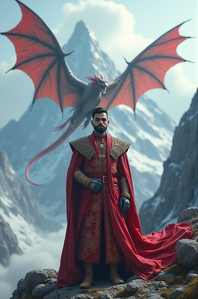 Virat Kohli in a targerian dress with adragon on a mountain