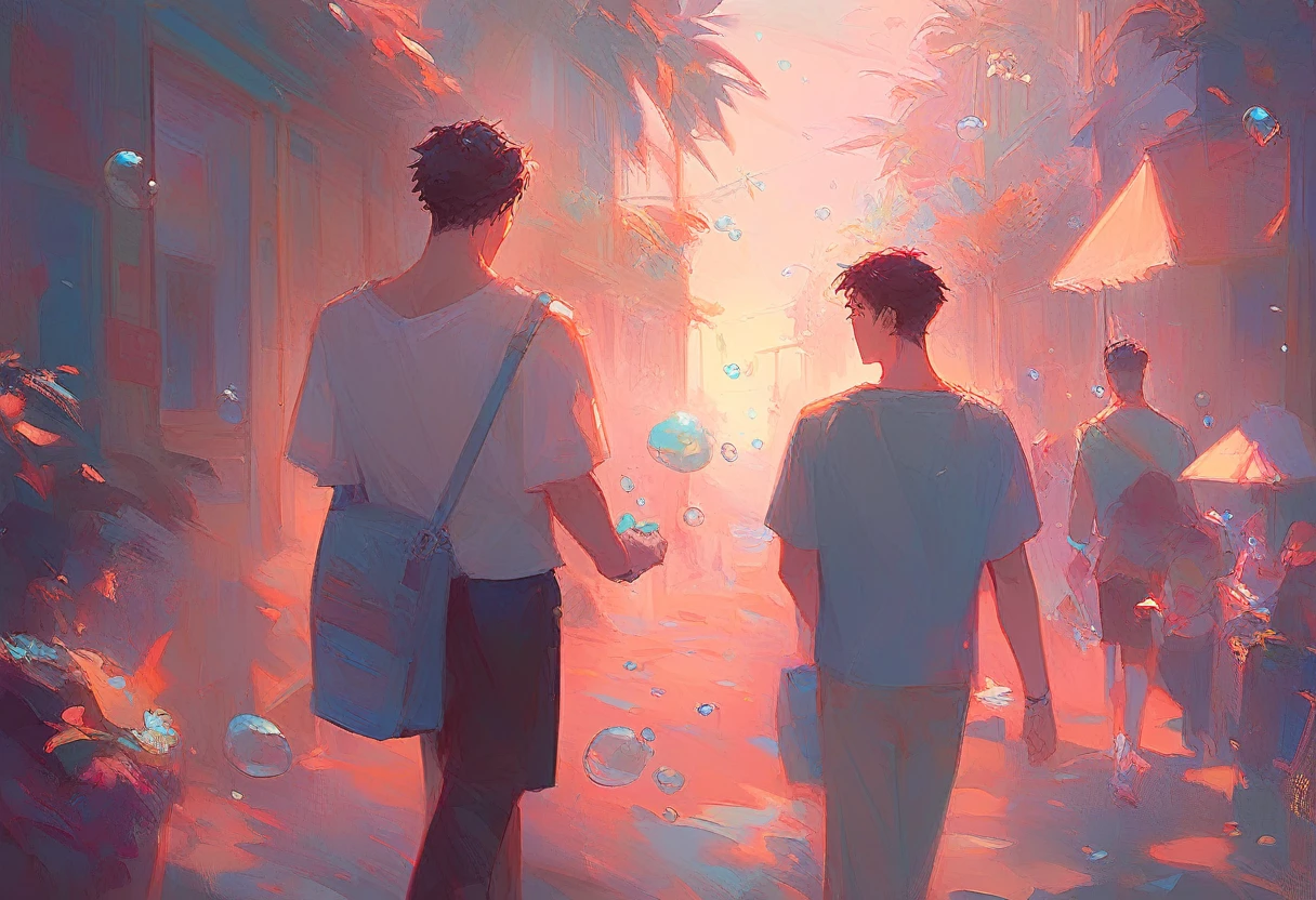 2 boys, adults, holing hand, walking, bubble, many bubble, sun set, hands up, street, back, close