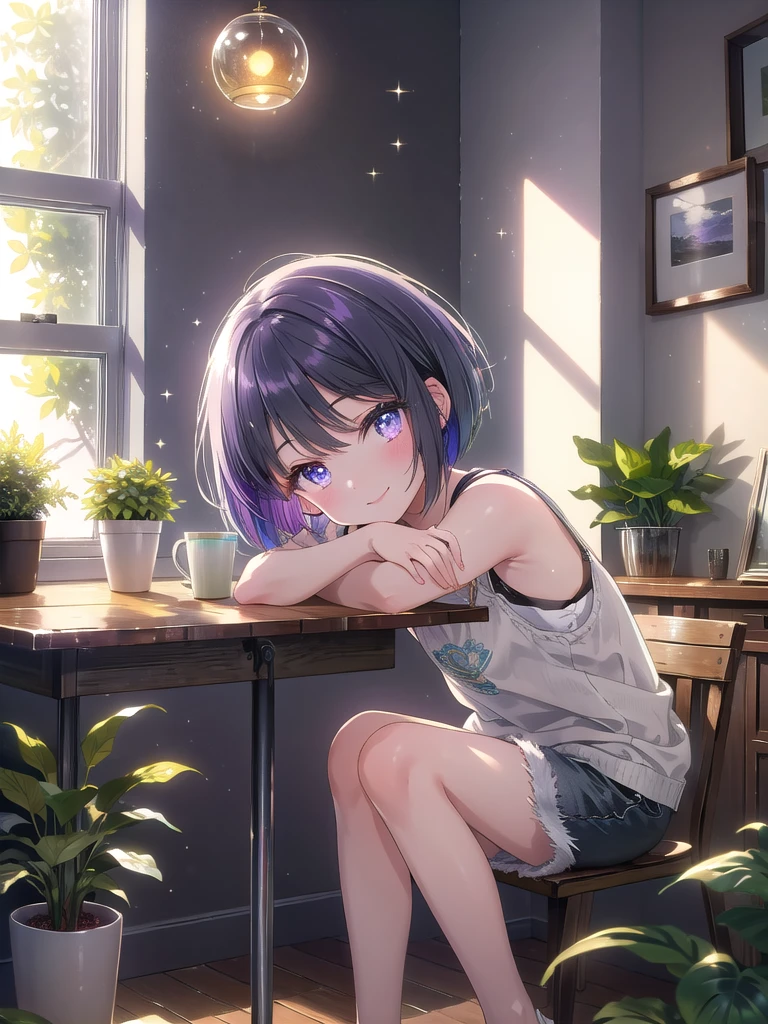 ((8k, Highest Quality, Masterpiece: 1.3)), Ultra High Resolution, (One Girl, Alone), (Color Changing Eyes, Super Detailed, Expressive Shine, Sparkling, Glowing Eyes), Highly Detailed Eyes, A girl with a naturally trimmed purple short bob cut and gently shining evergreen eyes is sitting at a simple dining table. She is wearing a light gray casual top and black shorts, which gives her a relaxed and casual look, but her feet are slightly visible through the shorts, which adds sexiness. The background of the room is simple white walls and wooden floors, and the desk is decorated with a simple rug and some interior decorations (such as potted plants and small ornaments). Natural light is coming in softly from the window, creating a bright and calm atmosphere overall. She is resting her elbows on the table and smiling friendly towards the camera. The angle is from in front of the table, which beautifully captures her expression and purple short bob cut.