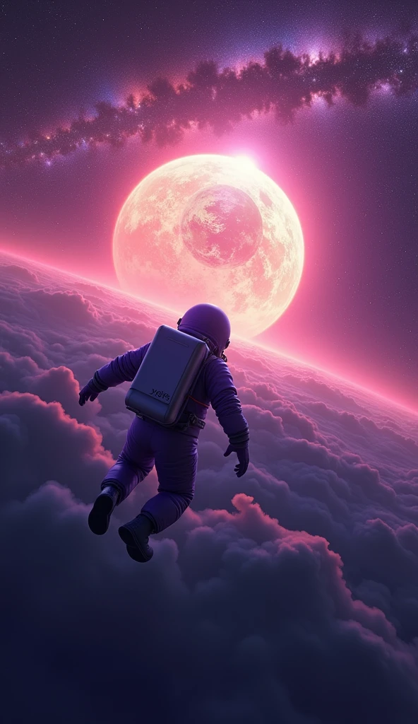 quality\(8K, extremely detailed CG unit wallpaper, masterpiece, high resolution, top-quality, top-quality real skin texture, hyper-realistic, increase resolution, RAW photos, best quality, highly detailed, the wallpaper,cinematic lighting,ray tracing,golden ratio\), BREAK,alone,1astronaut in purple space suit floating aimlessly in the galaxy\(dark,Beautiful,Beautiful stars\) and behind him a beautiful dazzling sun surely coming out from behind the great Hermoso with a text inside the sun that says "Yiga5" (Blue Earth: 1.6), (long shot: 1.5)