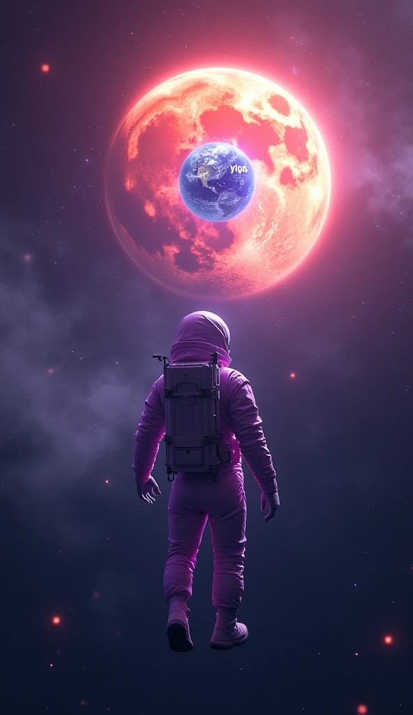 quality\(8K, extremely detailed CG unit wallpaper, masterpiece, high resolution, top-quality, top-quality real skin texture, hyper-realistic, increase resolution, RAW photos, best quality, highly detailed, the wallpaper,cinematic lighting,ray tracing,golden ratio\), BREAK,alone,1astronaut in purple space suit floating aimlessly in the galaxy\(dark,Beautiful,Beautiful stars\) and behind him a beautiful dazzling sun surely coming out from behind the great Hermoso with a text inside the sun that says "Yiga5" (Blue Earth: 1.6), (long shot: 1.5)