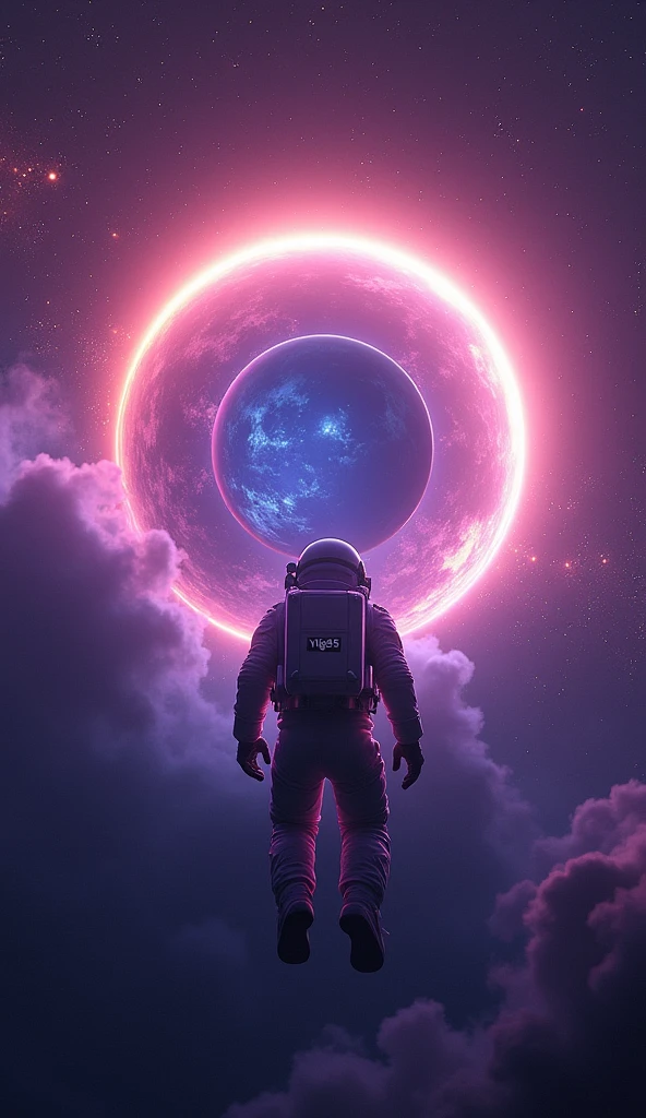 quality\(8K, extremely detailed CG unit wallpaper, masterpiece, high resolution, top-quality, top-quality real skin texture, hyper-realistic, increase resolution, RAW photos, best quality, highly detailed, the wallpaper,cinematic lighting,ray tracing,golden ratio\), BREAK,alone,1astronaut in purple space suit floating aimlessly in the galaxy\(dark,Beautiful,Beautiful stars\) and behind him a beautiful dazzling sun surely coming out from behind the great Hermoso with a text inside the sun that says "Yiga5" (Blue Earth: 1.6), (long shot: 1.5)