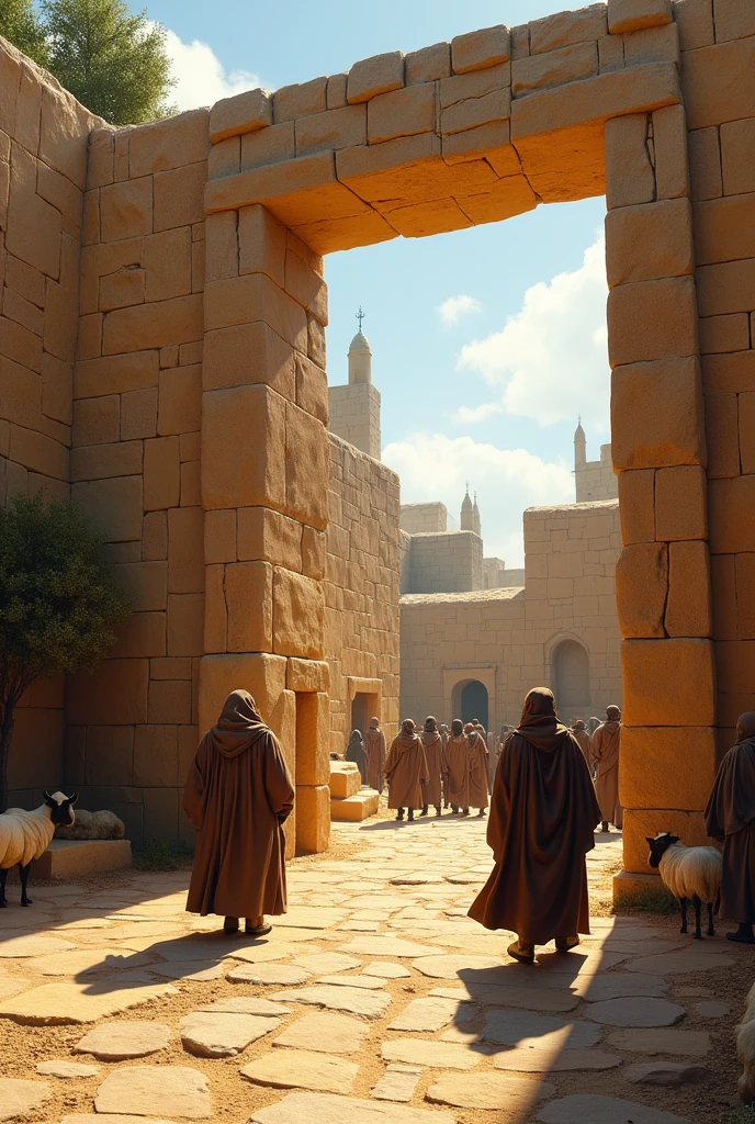 Men and women dressed in typical 1st century Jewish robes and cloaks enter and leave through a large entrance in a wall of large ochre stones., Inside you can see Jewish stone houses, You can also see some olive trees and some sheep.