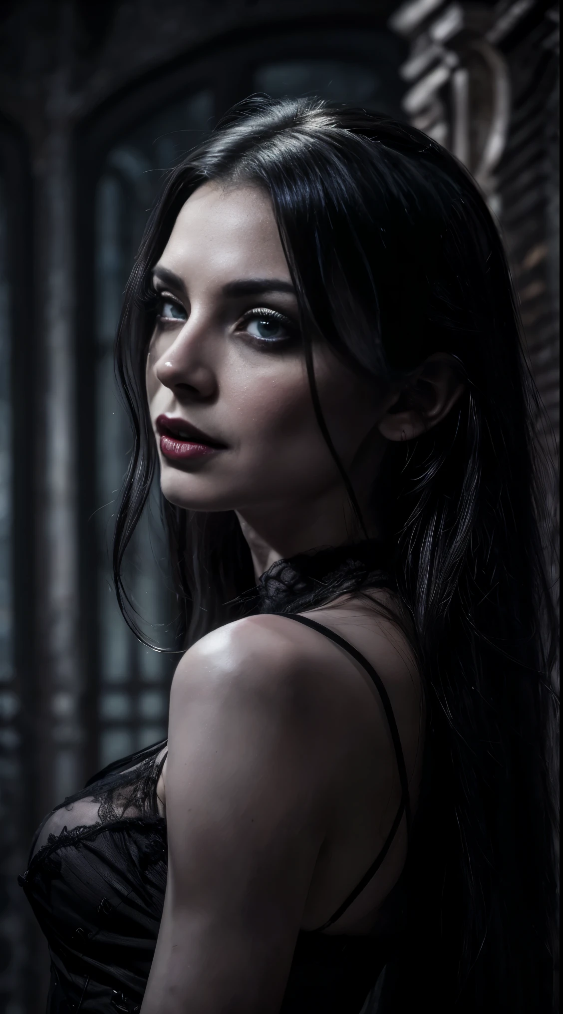 (Beautiful vampire, Tim Burton's style),(full moon),(full - body),(blood on the face),(Dark Fantasy),(ssmile, demonstration of the coolest qualities,4k,hight resolution),(Ultra-detailed),(Realistic:1.37),(HDR),(Side hustle),(physical based rendering),(Extremely detailed eyes and face),(long eyelashes),(Night with dark tones),(ominous vibe),Appendix to (SINISTER, seductive) Personality. The art style is a combination of (Realistic, Photorealistic) pa (Dark, surreal) Fantasy elements, with (Rich, Vibrants) Color, Evoking feelings of hysteria, intrigue) pa (Danger, excitement). illumination (A thin, dramatic), with (soft, ethereal) moon light, Casting shadows, pa (mysterious, eldritch) Glow on the porcelain skin of a vampire.