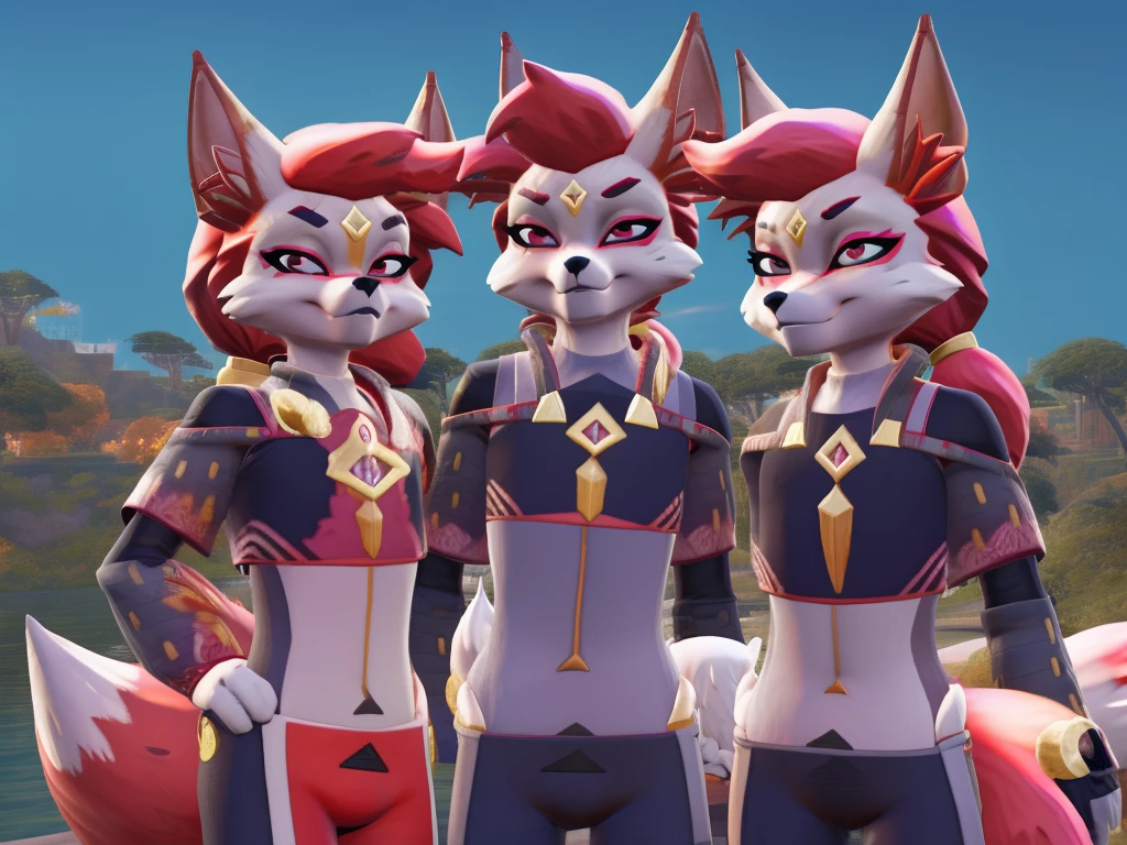 Best quality, Super detailed illustration, (furry fox boy:1.4), Kimiko, handsome face and body, disheveled thick white and pink anime ponytail hair, white fur, detailed eyes, two-tone fur, strong six pack abs, shirtless, red pants, smug smile, half-closed eyes, against the background of the harbor, small waist, wide hips, slim, perfect body, style &quot;DND&quot;