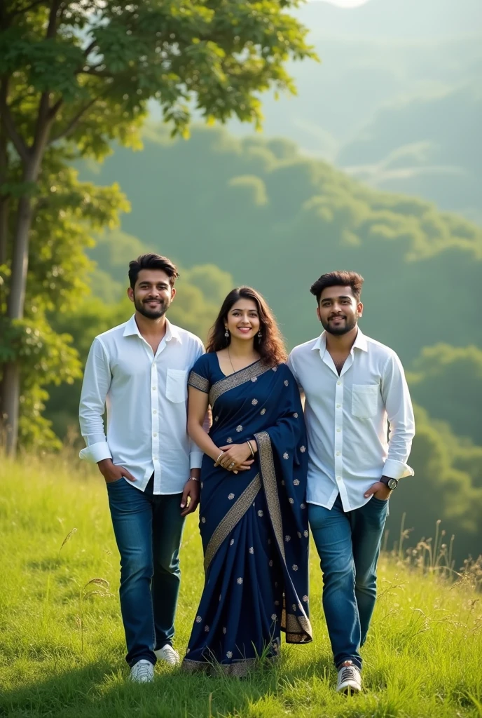 A 2 boy wear white shirt blue jeans standing on hill with his 2 girlfriend she is in neavy blue saree and they looking  so gorgeous and background is with greenery 