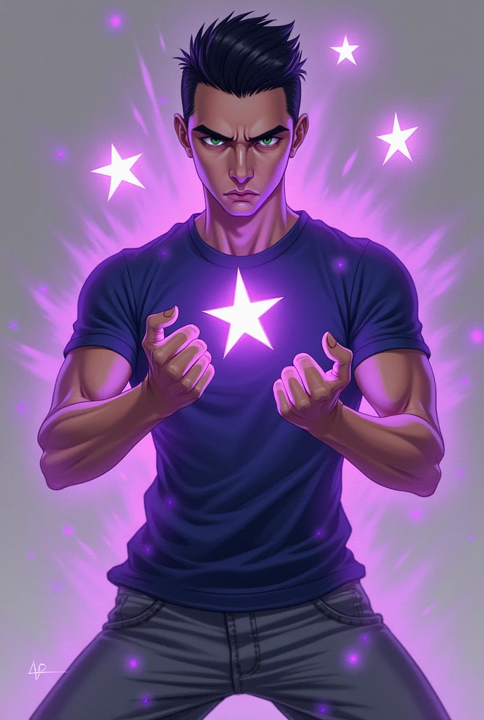 A medium-sized white adult male with a short, sleek black quiff, green eyes a dark blue t-shirt tucked into gray pants, 5 medium sized shining stars of purple color with yellow edges around it, fighting position, arms with purple aura 