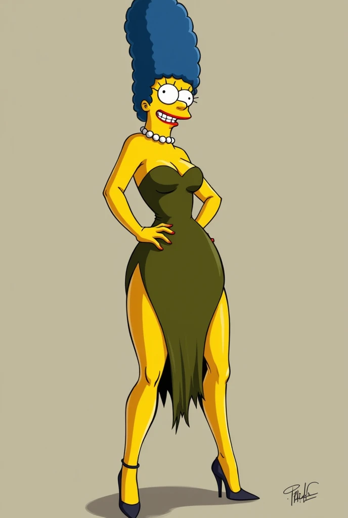 Marge Simpson Olive Green Dress, con avertura mostrando thigh, thigh, cartoon high heel shoe smile closed mouth, sexy and daring
