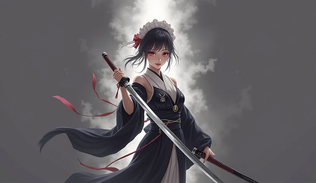 The mysterious maid (Musashi Miyamoto) Wielding a long Japan sword, Split with a powerful blow、Wrapped in a fog that blocks visibility, Revealing a vivid and otherworldly scene, The clarity of a sword strike against a blurry background, Mysterious Background, The white fox's sharp gaze met the viewer's eyes.., A mysterious layer of mist covers the foreground, Earrings, Clear Eyes, Exquisite and delicate kimono, Dramatic lighting and colors