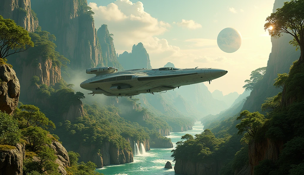 SPACESHIP FLYING LOW Isometric perspective view. Immerse yourself in a paradise world, enlightened and rich, where the purity of the air and the cleanliness of the environment create an atmosphere of unparalleled serenity. A large nearby planet adorns the crystal-clear sky, complementing the natural beauty of the landscape. Majestic waterfalls flow constantly, serving as the heart of this paradise. The inhabitants of this world, beings similar to humans but more beautiful, tall and elegant in their walk, They live in perfect harmony with nature. Their R Style homes. h. Giger, They are mega futuristic, They are perfectly integrated into the natural environment, merging with the flora and fauna that surrounds them. the sun shines brightly, making the waters sparkle with an almost magical glow. The temperature is ideal, further beautifying the air, while the inhabitants of this place enjoy an eternal and happy existence. The film presents an intricate and harmonious landscape, Captured in a hyper-realistic high-resolution image at 8K. every detail, from artifacts to natural elements, It is highly defined and focused, revealing the perfection of this alien paradise. The cinematography uses a superior wide-angle lens with the maximum possible aperture., allowing every aspect of the scene to be captured with stunning clarity and depth. The lighting is carefully designed in a professional film studio, ensuring that every corner of the stage shines with an ethereal light that enhances the beauty and peace of this world.. "Eternal Harmony" It is a visual journey to an alien paradise, a place where the perfection of nature and the harmony of its inhabitants create a world that seems to be out of time. This idyllic setting invites us to reflect on the beauty of a life lived in harmony with the environment., a reminder of what can be achieved when technology and nature