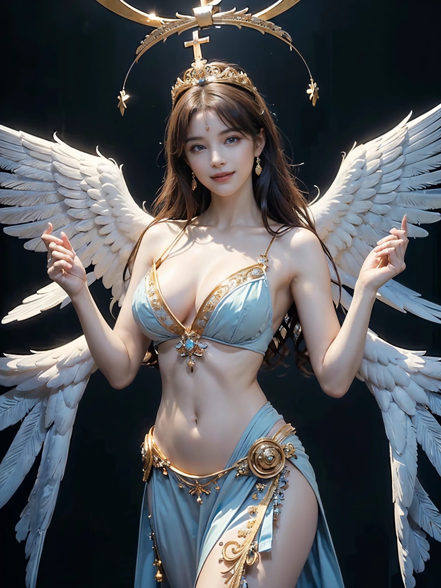 ((Very beautiful angel queen,The final form as a perfect angel, the masterpiece of an angel,Huge and intricate angel wings,The most dignified wings,Golden light,shining background,The most opulent and holy temple background,White and gold temple background,King of Angels,The most dignified angel,Intricate and solemn dresses,Light blue and gold embellishment dress on white,Light blue and gold dress on white base,Complex and majestic angel figure,The most majestic figure of the devil,The most intricately depicted figure of an angel,The World's Most Beautiful,Unimaginable beauties,divine atmosphere,The most intricate and beautiful dresses,Intricate reproduction of the perfect angelic detail,The figure of an unimaginably gorgeous angel,The figure of an unimaginably huge angel)), (((Tyndall effect;1.45))), ((Most beautiful face,Half Japan and half Spanish,The biggest happy smile,Beautiful wavy hair,Black and red hair,The most luxurious and intricate dresses,The biggest smile looking at the camera)),(Elegant standing figure,Fold your hands in front of your navel,)),Chest that seems to burst,Giant wings of angels,The background is the appearance of a perfect angel castle,Masterpiece,8K,very intricate,ultra-detailliert, nsfw