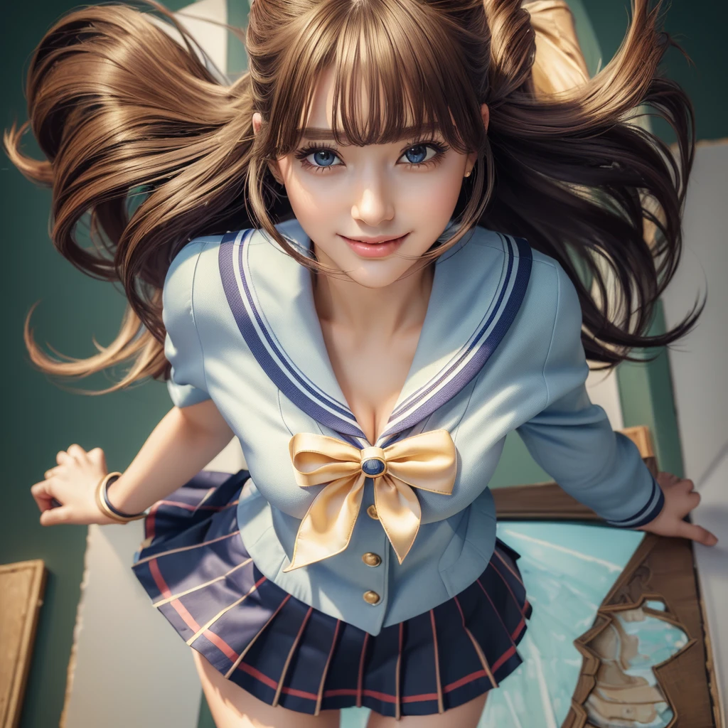 (best quality, masterpiece:1.5), (ultra-detailed, realistic:1.37),4K,cute,beautiful,(salor school uniform:1.2),(skirt),(big breast),(ponytale),from above,standing,windy skirt