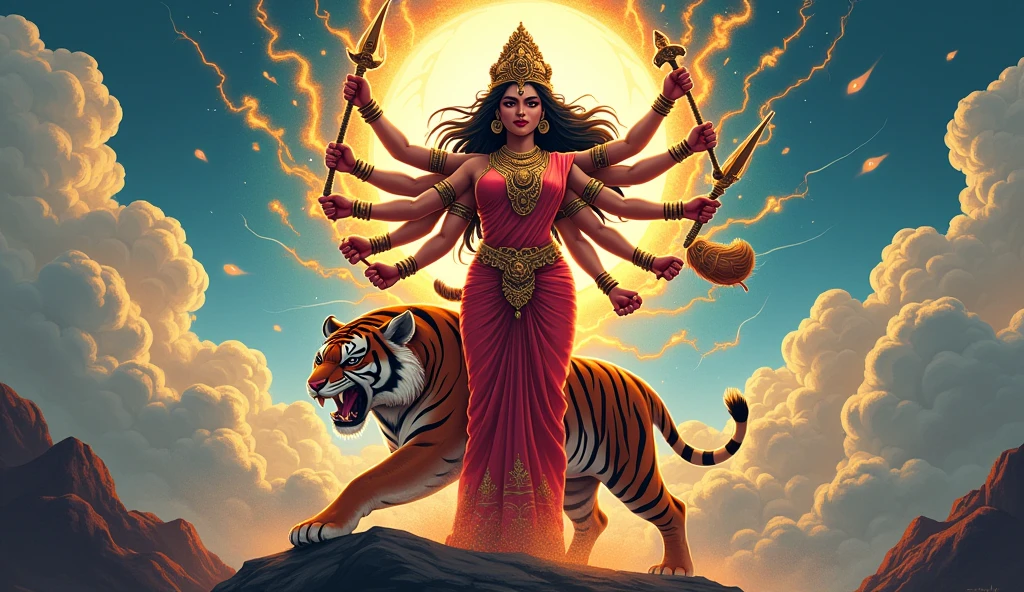 Banner, poster and header background design and illustration of goddess Durga