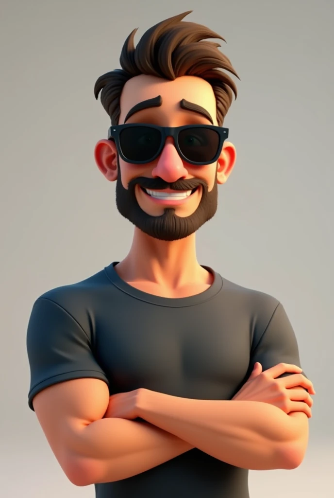 Cartoon character of a man wearing black sunglasses, camiseta professional, 30 years old, short barba e bigode, moderately muscular, sorrindo, um personagem animado, Caractere estilizado, animation style rendering, 3D estilizado, bradley cooper render, 3 d render stylized, T Rendering Keyshot, brown hair