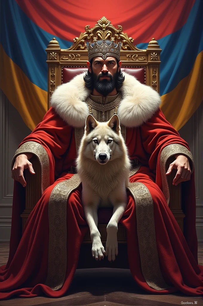the king in the king's dress, with a beautiful crown, the strong wolf sitting on his royal throne with the Armenian flag behind him