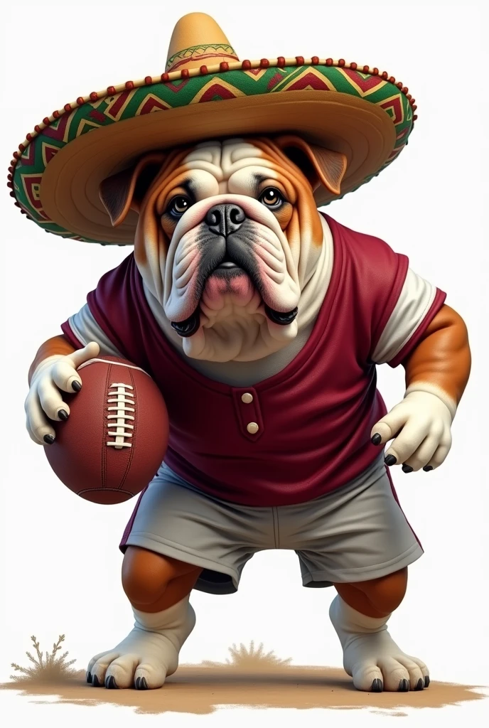 Bulldog playing football dressed for fiesta with sombrero with a maroon and white jersey no background 
