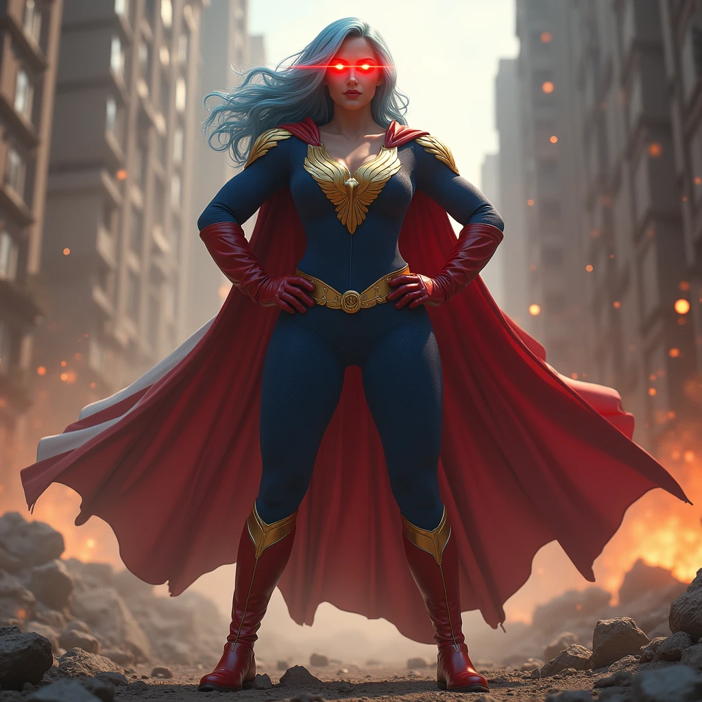 An imposing superhero stands with a confident posture, hands on hips. She wears a dark blue jumpsuit with golden eagle heads on the shoulders and a golden belt. A red and white cape, inspired by the American flag, floats behind her. His eyes glow in intense red, projecting laser beams by he eyes in an off-field direction, illuminating the scene with bright light. The background is dusty, evoking an atmosphere of combat or destruction, and debris is visible on the ground, reinforcing the intensity of the scene. She has long light blue hair, large breast, wears red gloves until her elbows, photorealistic