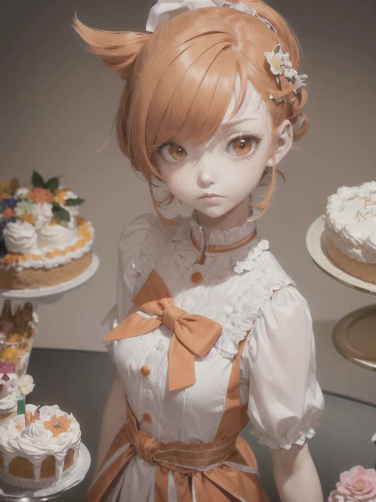best quality, masterpiece,Orange hair, Orange eyes,white clothes, Arms crossed , Pouting face,Uniform with a big ribbon on the chest , looking up, upper body,hair strand,Fair skin,Three hair clips, Hair cut evenly across the forehead, Shoulder-cut hair, A birthday cake hat on his head, Three-line hair clip