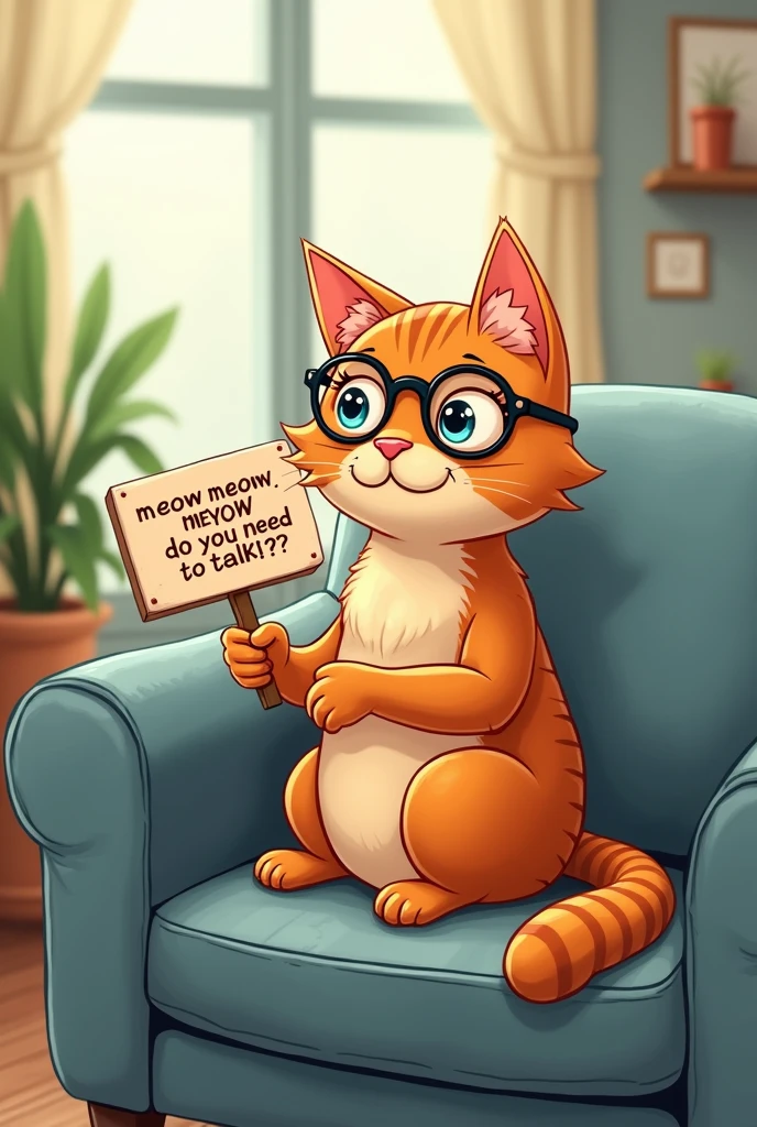 Drawing of a psychologist cat with a sign that says "meow meow, Do you need to talk??" Sitting on a sofa.