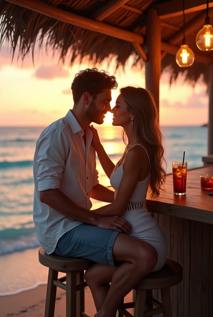 A man and a woman sitting closely together on bar stools at the edge of a paradisiacal beach, sharing a kiss. They are both dressed in casual, summer attire, with every detail of their clothing and expressions captured in hyperrealistic detail. The bar is rustic and open-air, with a thatched roof and wooden stools. The soft, golden light of the setting sun casts realistic shadows, highlighting the texture of their skin and hair. Behind them, the crystal-clear ocean waves gently lap at the shore, and the sky is painted with hyperrealistic hues of pink and orange, creating an intensely romantic and serene atmosphere.
