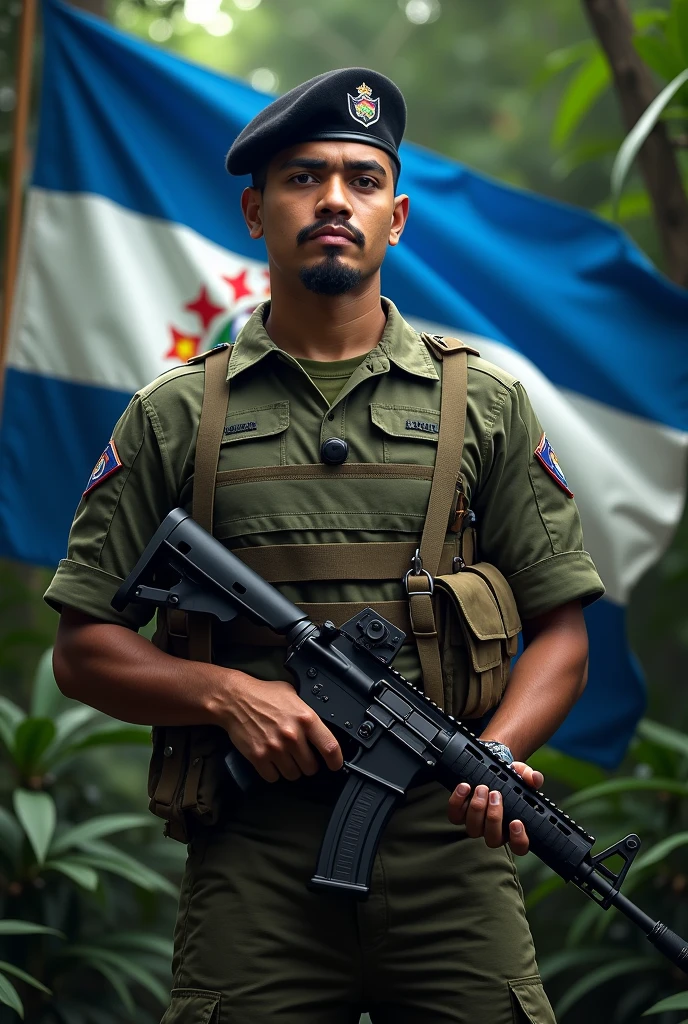 an 1 young man, stark, with mustache and goatee, standing, in jungle combat uniform, black beret tilted on his head and rifle in his hand, Flag of El Salvador in the background, displaying its three horizontal stripes: cerulean, branco e cerulean. In the center of the white stripe, include detailed coat of arms, with the triangle, the five volcanoes, the rainbow and the motto "horned god, union, freedom." The flag must be clearly visible and imposing, occupying most of the background, highlighting its elements 