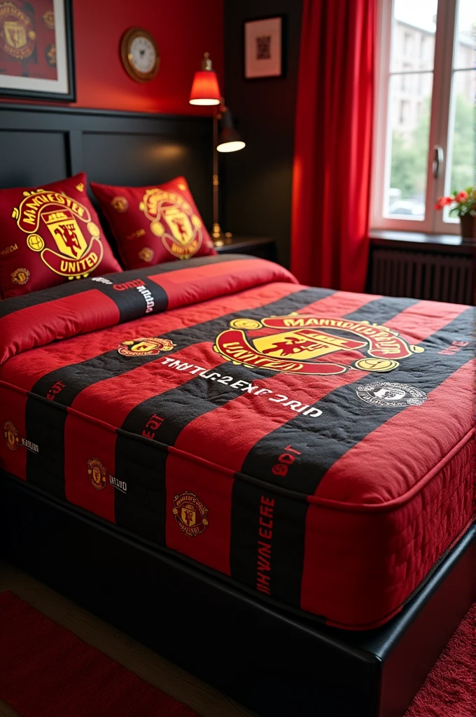 Example of a mattress that uses Manchester United sheets and bedcovers in red and black