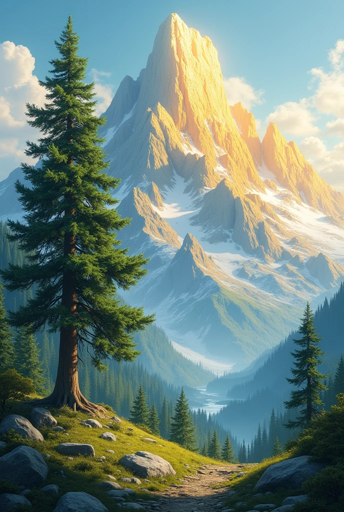 A golden mountain and the green welcoming pine tree in front