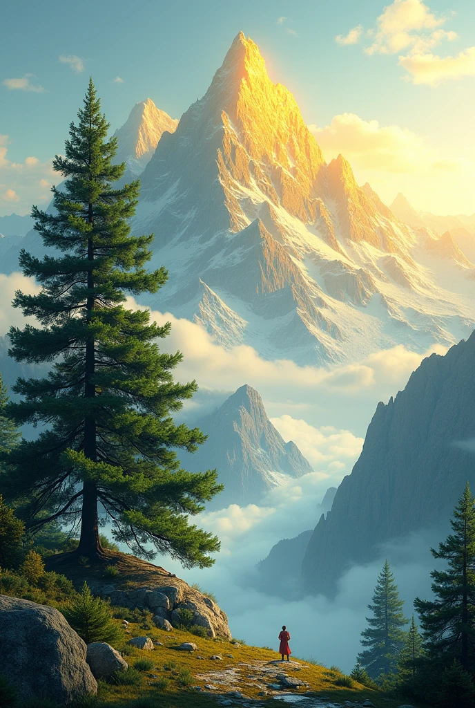 A golden mountain and the green welcoming pine tree in front
