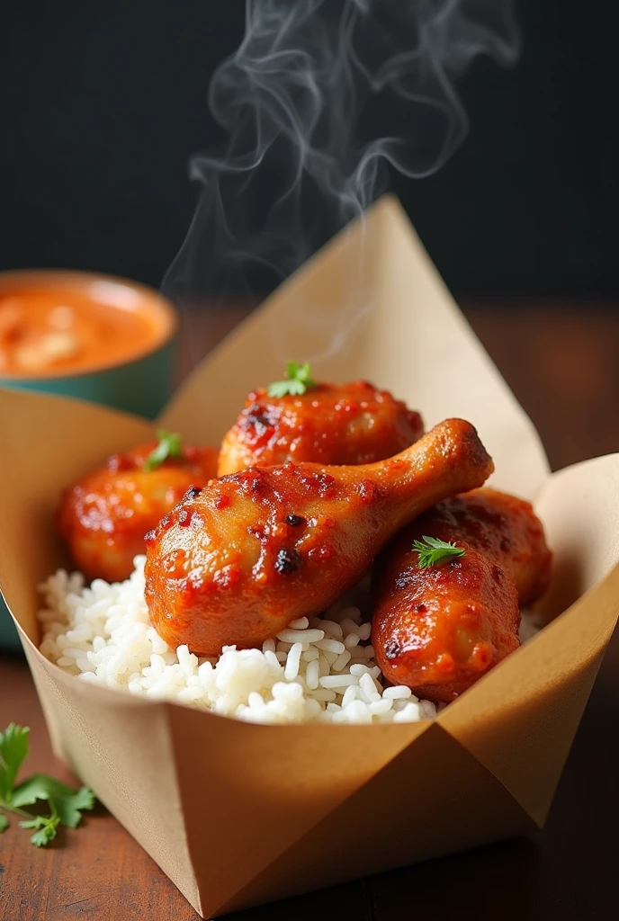 One peace Chicken drumsticks , white rice with sambal on paper wrap