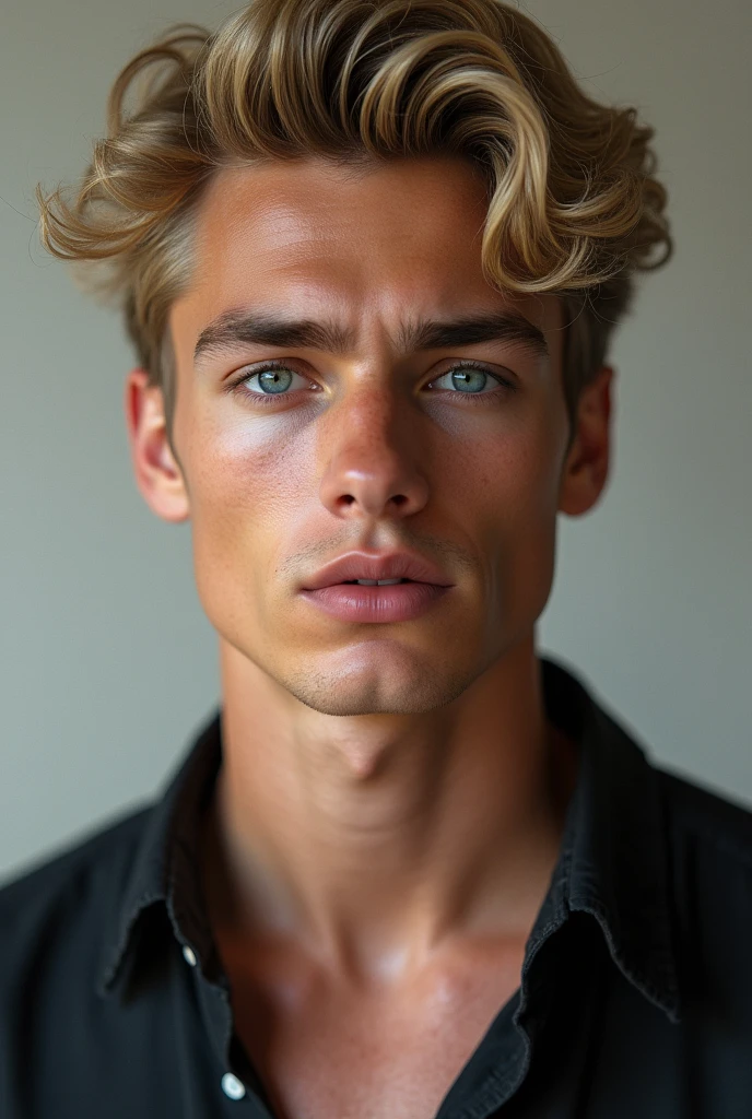 (Photorealism:1.2), naughty man, 18-years old, Youngh,blue colored eyes, blondie hair, Caucasian skin, comely, Masterpiece artwork, serious countenance, rosy lips, deslubrante,body and face photo.