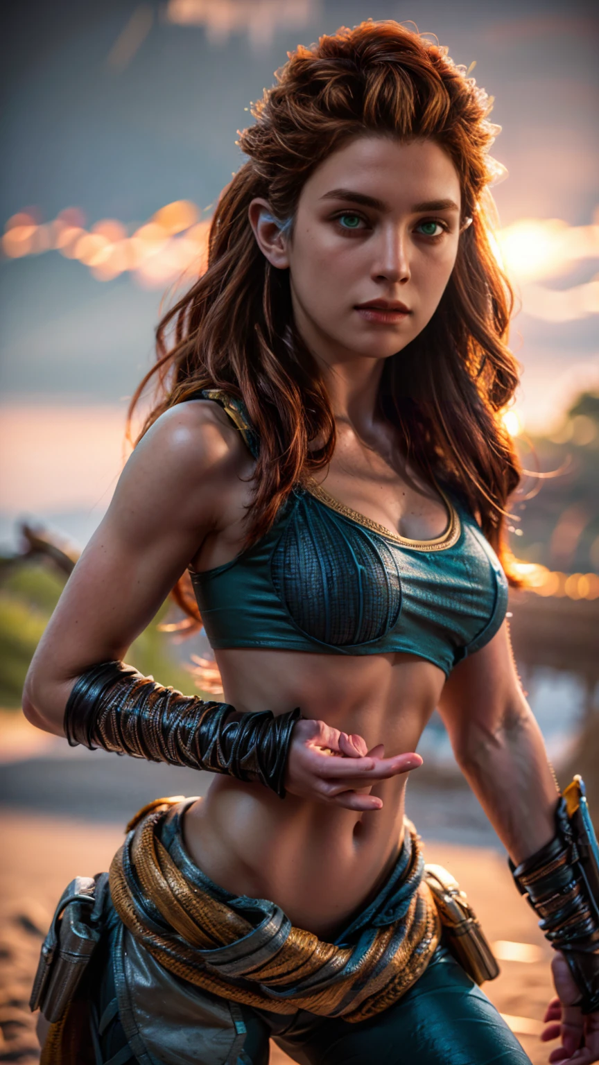 beautiful detailed eyes, beautiful detailed lips, extremely detailed eyes and face, long eyelashes, 1girl, cosplay, Kim Possible cosplays as Aloy from Horizon games, intricate detailed costume, high quality 3D render, cinematic lighting, photorealistic, hyper detailed, vibrant colors, warm lighting, dramatic pose, dynamic action, epic fantasy, human anatomy, no bra