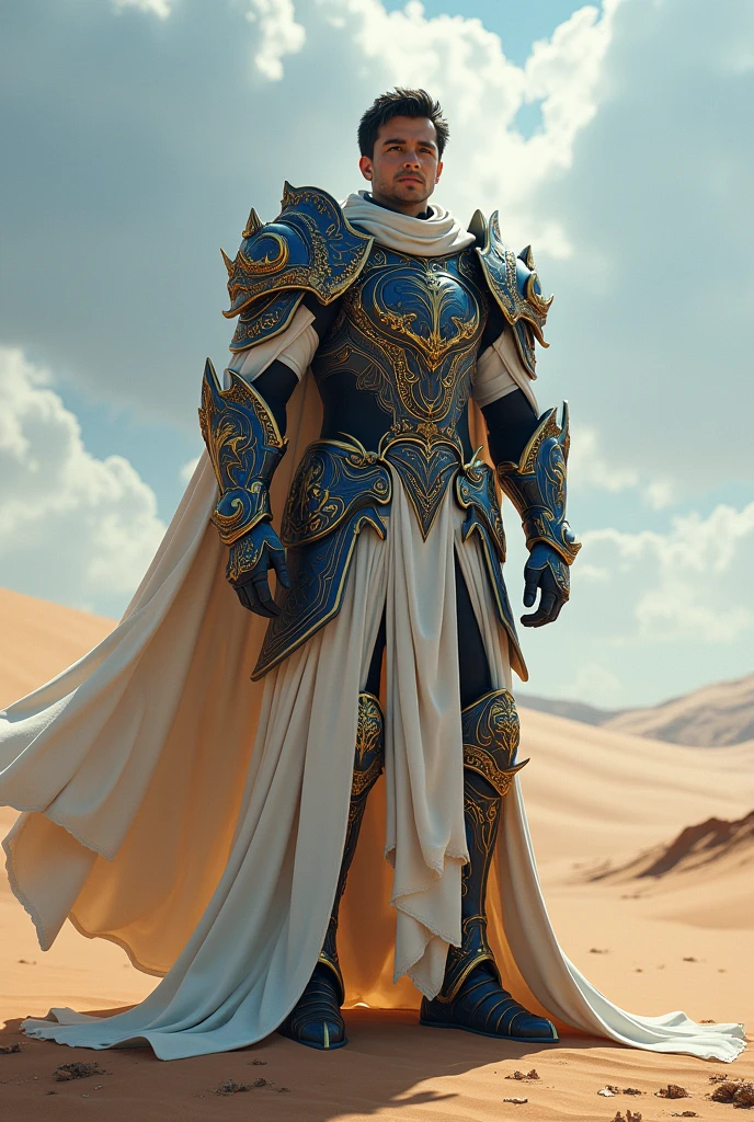 a short black haired man in colossal heavy armor standing in the desert, by Donato Giancola, wow 4 k detail,  intricate white and gold armor, male cleric, sharp sleek edged black armor, d&d, zenra taliyah, blue and ice silver color armor, ultra realistic, epic scene, hyper detail, octane render, UHD