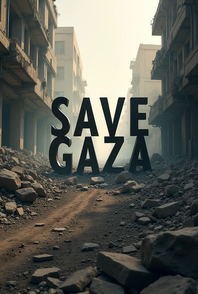 Créer moi une image avec Écrit Save Gaza a l'aide des décombres ou de l'ombre au milieu des batiments restant