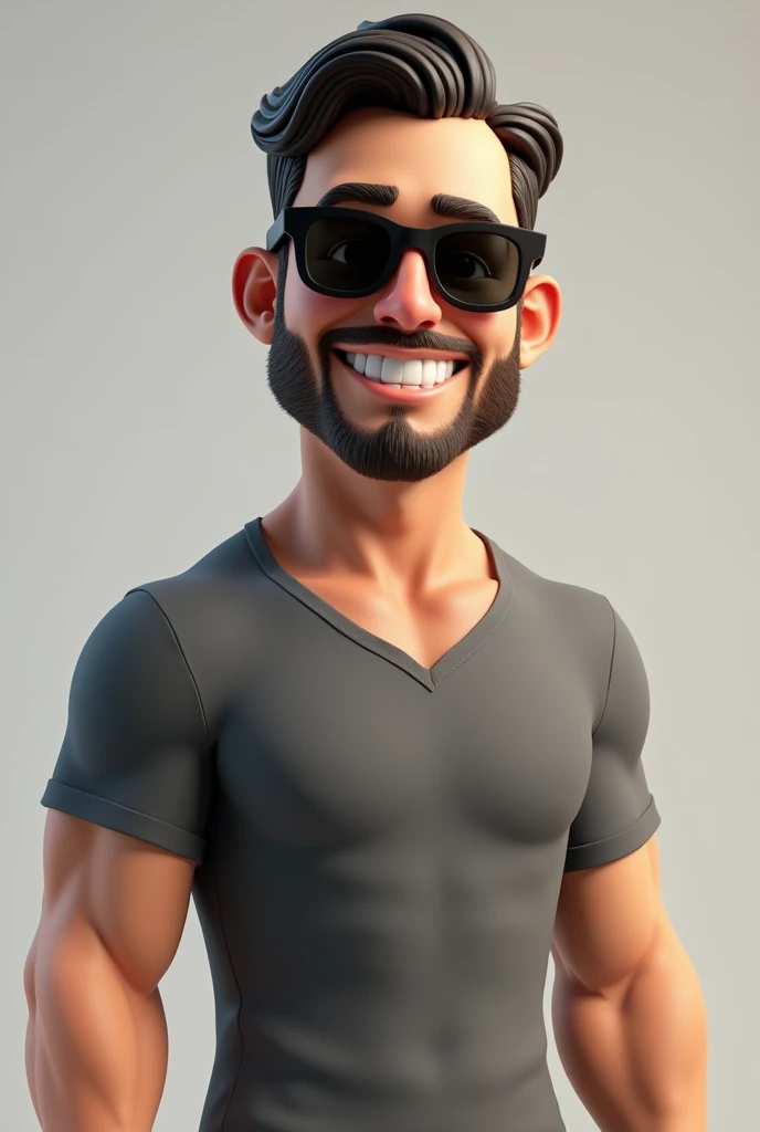 Cartoon character of a man wearing black sunglasses, camiseta professional, 30 years old, short barba e bigode, moderately muscular, kind sorrindo, um personagem animado, Caractere estilizado, animation style rendering, 3D estilizado, bradley cooper render, 3 d render stylized, T Rendering Keyshot, brown hair