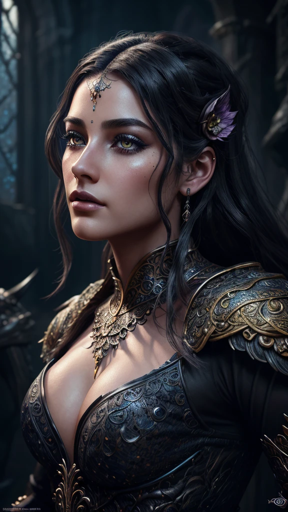 A gorgeous beast girl, upper body, beautiful detailed eyes, beautiful detailed lips, extremely detailed eyes and face, long eyelashes, mystical creature, fantasy character, intricate digital art, cinematic lighting, dramatic contrast, vibrant colors, highly detailed, 8k, hyper realistic, photorealistic, masterpiece, concept art, dark fantasy, digital painting