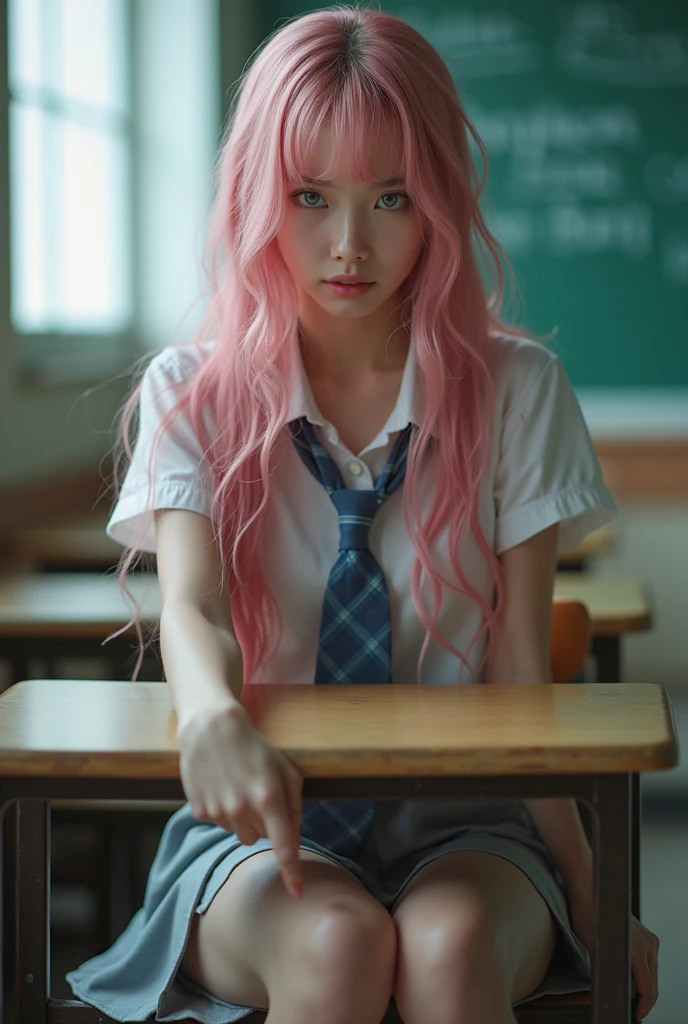 • Appearance:
• Korean features
• Long wavy pink hair (wet hair)
• Blue eyes
• Skinny body, thin legs, thin buttocks, small chest
• Gaunt body, slender arms and legs
• Clothing:
• School uniform
• No underwear
• Activity:
• Sitting at the teacher’s desk
• Background:
• Classroom