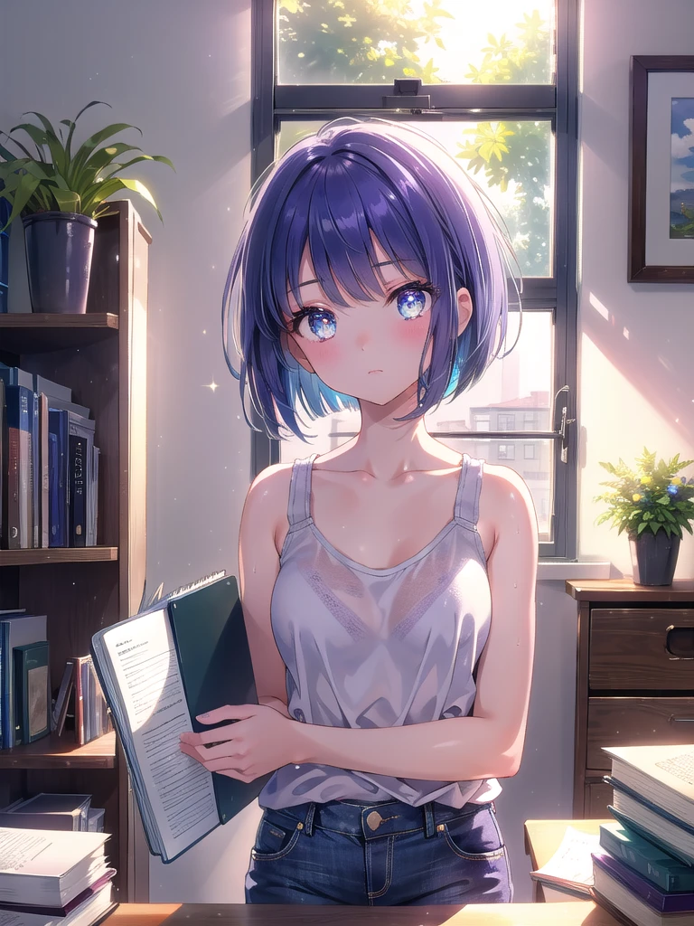 ((8k, Best Quality, Masterpiece: 1.3)), Ultra High Resolution, (One Girl, Alone), (Color Changing Eyes, Super Detailed, Expressive Shine, Sparkling, Glowing Eyes), Highly detailed eyes, A girl with a short purple bob cut and evergreen eyes that shine seriously is studying at her desk at home. She is wearing a casual white tank top and light blue jeans, giving her a simple yet sexy impression. In the background of the room, there is a white wall and a wooden desk, textbooks and notebooks lined up on the desk, and simple storage boxes and potted plants on the shelves. Natural light from the window shines brightly on the desk, creating a calm and study atmosphere overall. She is concentrating on her notes and occasionally looks at the camera, and the angle is from in front of the desk, highlighting her serious expression and short purple bob cut.