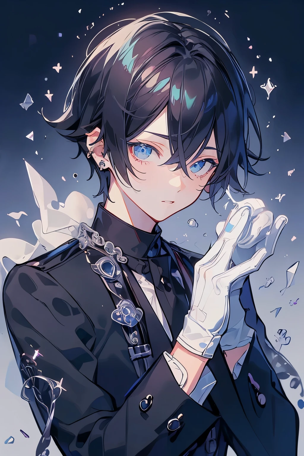 (Mastepiece)、(Best Quality)、Very detailed、((One man:1.5))、Perfect Face、Beautiful Face、Very detailedな顔、(Black Hair:1.3)、Black butler uniform、(White gloves:1.3)