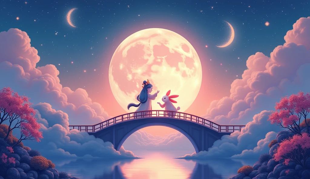 Chinese Mid-Autumn Festival poster design,Light tones,blue and violet,Dreamlike scene,warm color,Cloud Arch Bridge,Chang'e and Moon Rabbit meet on the moon,Huge Moon,fireworks,Starry Sky,Strange composition,Rich details,top view,Telephoto,Chinese traditions,exit,landscape,auspicious,Light background,best quality,Pastel,Soft Light,4K,plant