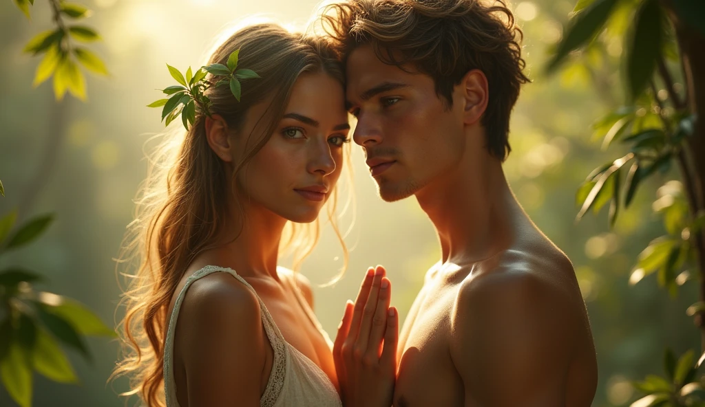 Descreva uma imagem de Adam holding Eve's hand in the enchanting garden of Eden with Adam. Adam is in his 20s, short curl light brown 7" hair, green eyes. Eve is in her mid 20s, emerald color eyes, extremey beautiful, long light brown hair, dressed in leaves. emanating a divine aura and looking directly into the camera with a penetrating and compassionate gaze. The scene around him radiates a sense of serenity and transcendence, com cores suaves e uma atmosfera celestial. Highlight the details of the expression on your face, the sparkle in your eyes and the sense of peace and grace that your presence radiates in this sacred moment, 32K UHD, Style Raw, Afternoon sun, warm tone, cinematic