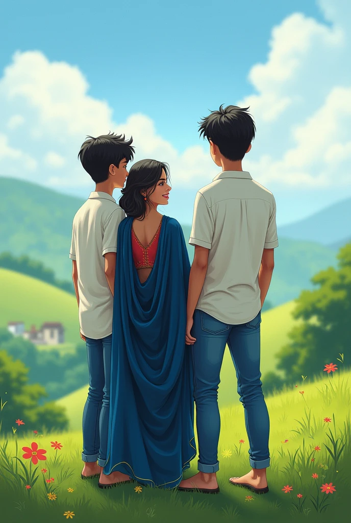 A 2 boy in white shirt blue jeans standing on hill with his 2 girlfriend she is in neavy blue saree and looking  so gorgeous and background is with greenery 